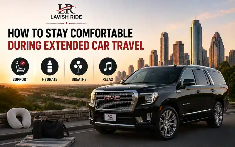 Black GMC Yukon with travel essentials, highlighting comfort during long-distance car travel through supportive seating, hydration, relaxation, and a smooth travel experience.
